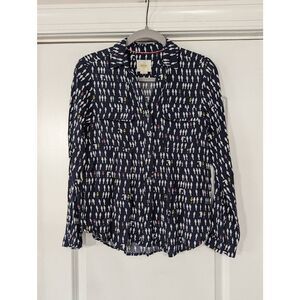 Anthropologie Maeve Wynwood Pintuck Blouse size 0 navy blue birds on a wire